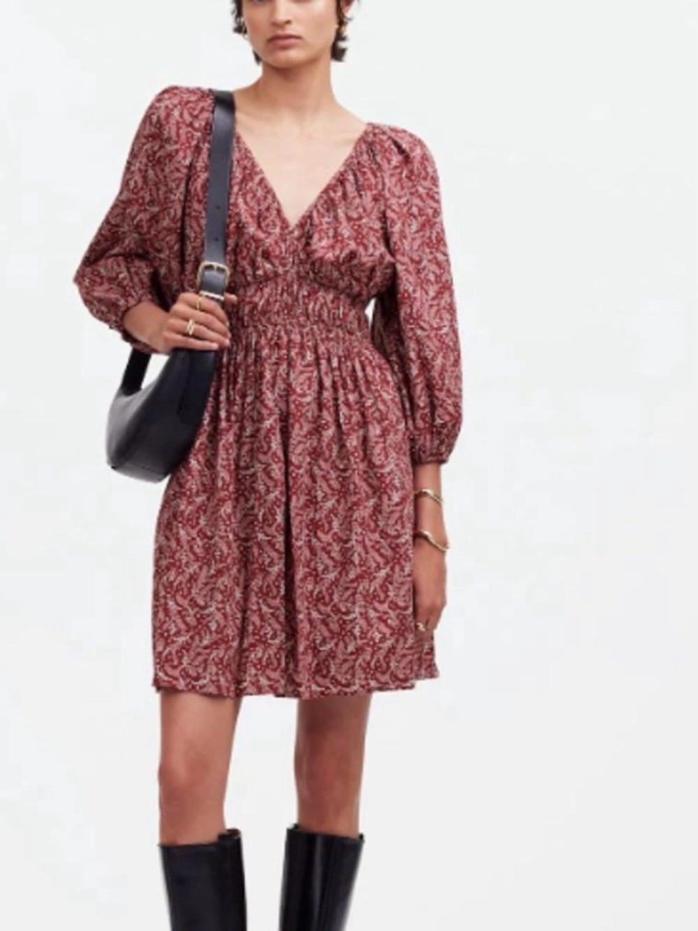 Madewell V-Neck Puff Sleeve Mini Dress 8 Floral Smocked Pockets Summer Everyday